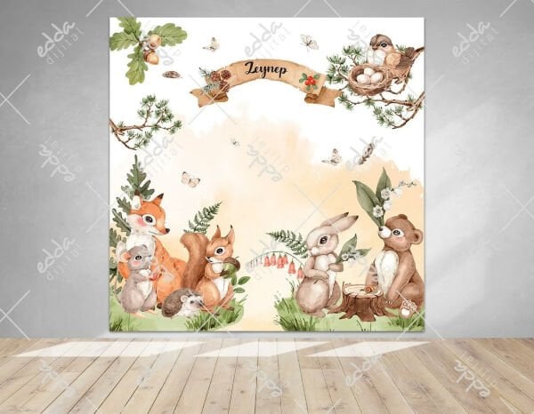 Woodland Hayvanları Temalı  Kare Doğum Günü  Afişi