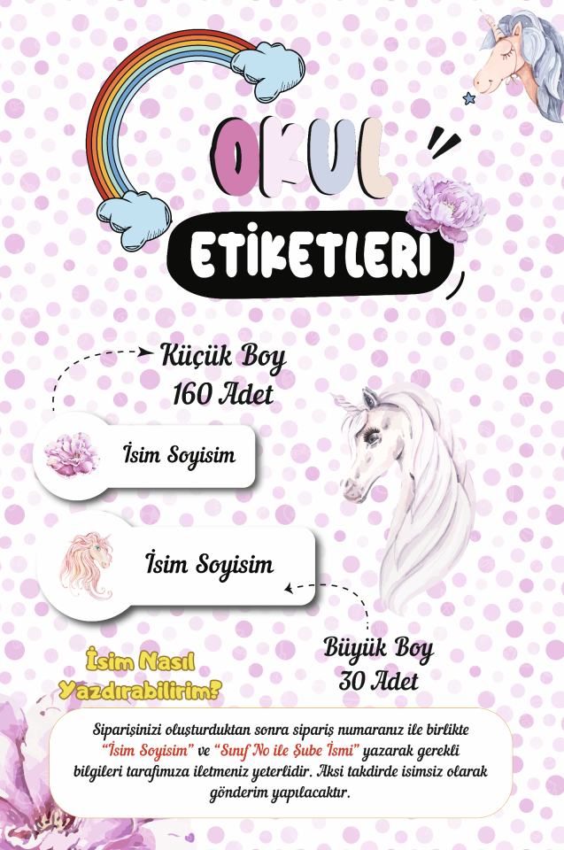 Unicorn Temalı Okul Etiketleri