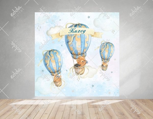 Balon Temalı Mavi Doğum Günü Afişi