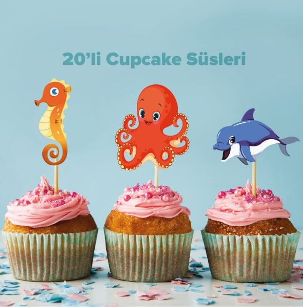 Mavi Deniz Altı Konseptli Cupcake Süsü