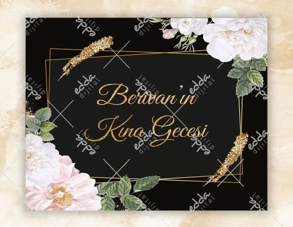 Beyaz Çiçek Desenli Siyah Kına Pisti Kaplaması