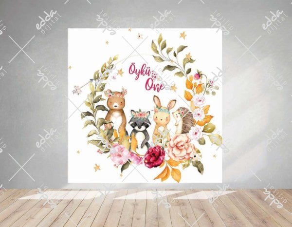 Çiçek ve Sevimli Hayvanlar Temalı Doğum Günü Afişi