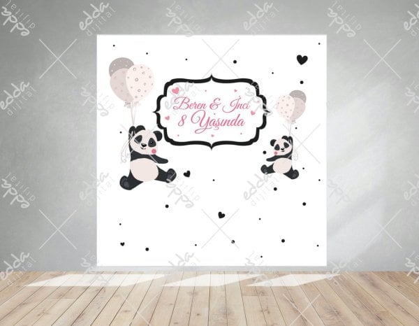 Kişiye Özel  Kalpli ve Balonlu  Panda Afişi