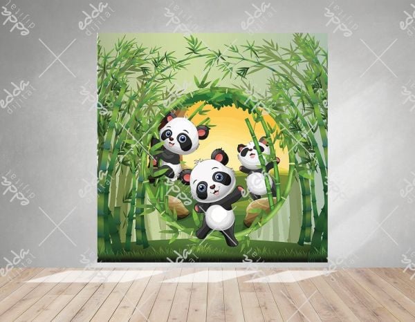 Panda Temalı Yeşil Renk Doğum Günü Afişi