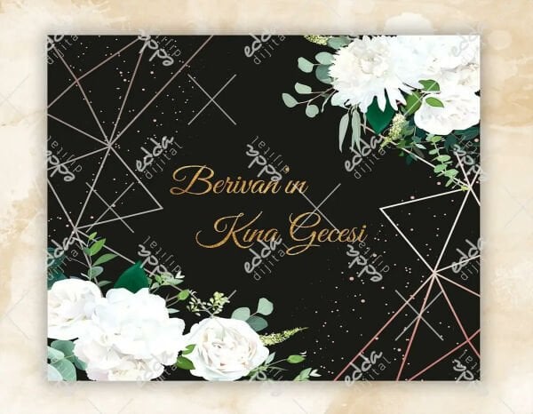 Siyah Zemin Üzerine Beyaz Çiçek Desenli Kına Pisti Kaplaması