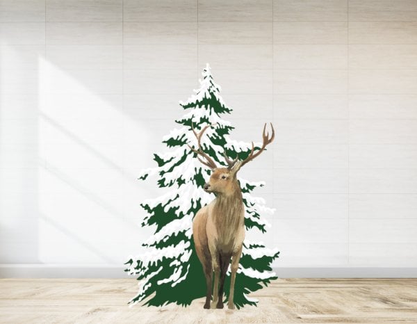 Kış Konsepti Geyik ve Çam Temalı Ayaklı Pano