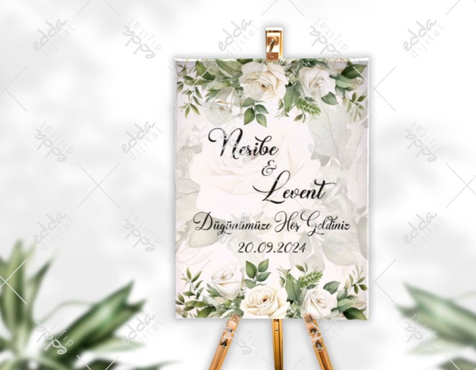 Beyaz Gül Desenli Karşılama Panosu