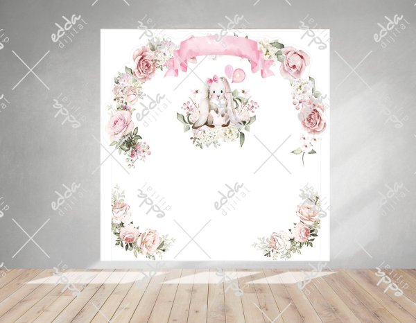 Tavşan ve Çiçek Temalı Doğum Günü Afişi