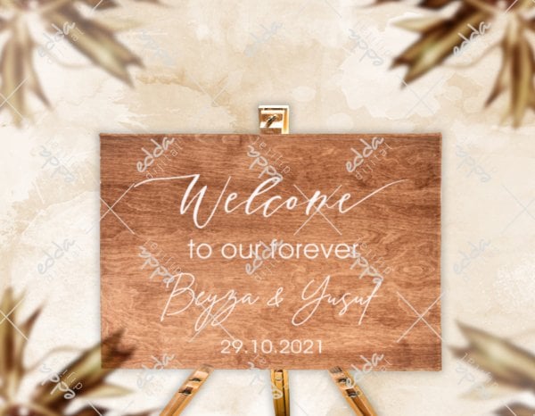 Ahşap Desenli Düğün Karşılama Panosu