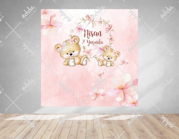 Ayıcık ve Çiçek Temalı Doğum Günü Afişi