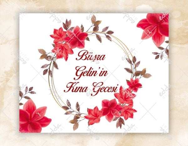 Yaprak ve Kırmızı Çiçek Temalı Kına Pisti Kaplaması