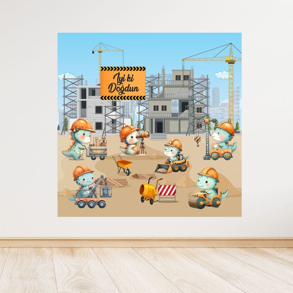 İnşaat Dinozor Temalı Doğum Günü Afişi