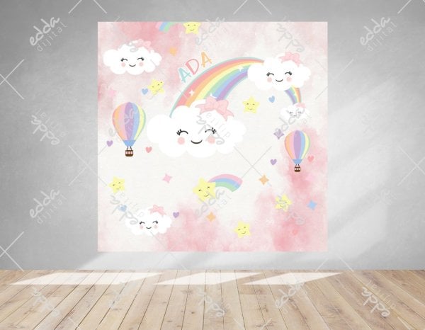 Gökkuşağı ve Balon Temalı Doğum Günü Afişi