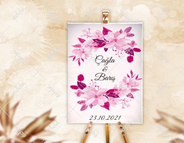 Pembe Çiçek Desenli Karşılama Panosu