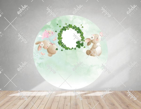 Tavşan ve Çiçek Temalı Yeşil Doğum Günü Afişi