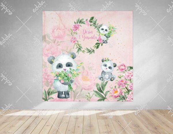 Çiçekli Kare Afiş  Panda Temalı