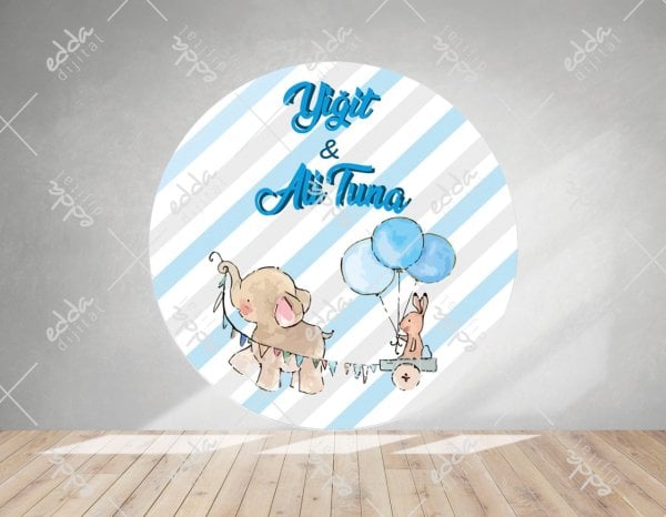 Fil ve Çiçek Temalı Mavi Doğum Günü Afişi