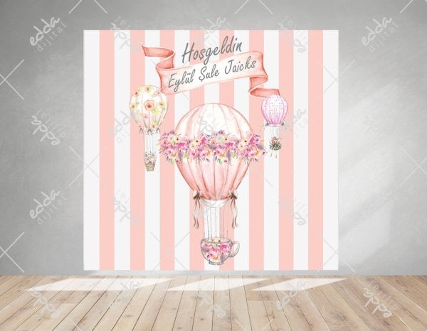 Balon Temalı Pembe Şeritli Doğum Günü Afişi