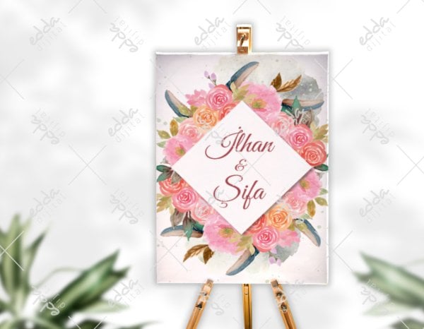 Pembe Güller Desenli Karşılama Panosu