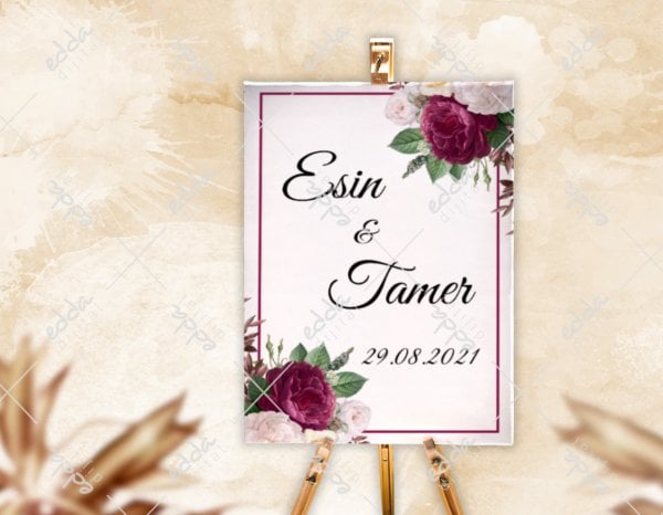 Fuşya Rengi Gül Desenli Karşılama Panosu