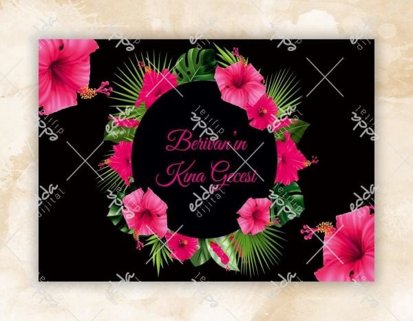 Pembe Çiçek ve Yaprak Desenli Kına Pisti Kaplaması