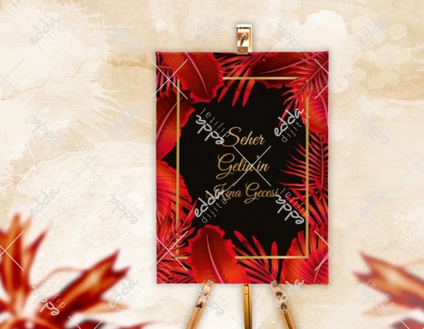 Kırmızı Yaprak Desenli Karşılama Panosu